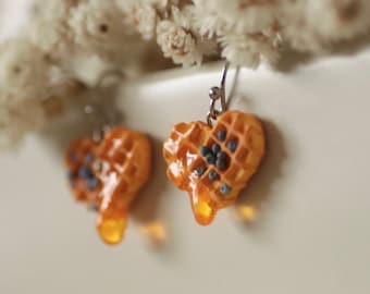 Heart Waffle Earrings, 925 sterling silver, Pure Titanium, Blueberry, Maple Syrup, Stainless Steel