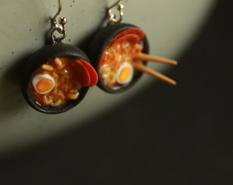 Ramen noodle clay earrings, 925 sterling silver jewelry, pure titanium, Asian food jewelry, miniature snack food, dinner earrings