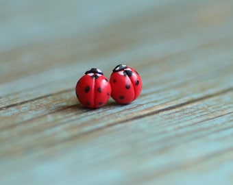 Ladybug Earrings, Polymer Clay, 925 Sterling Silver Posts, Pure Titanium Posts.