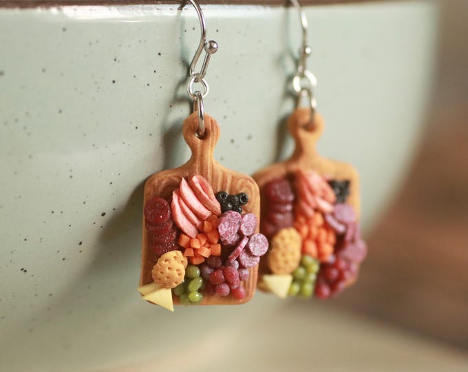 Charcuterie board clay earrings, 925 sterling silver jewelry, pure titanium, miniature snack food, party earrings, hypoallergenic.