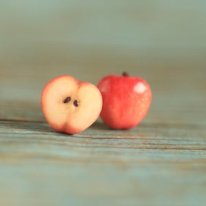 Red apple clay earrings, 925 sterling silver hardware, pure titanium, miniature food jewelry.