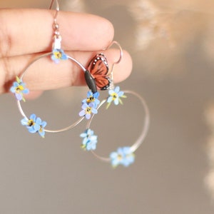 Butterfly clay earrings, forget me nots, monarch butterfly clay earrings, nickel free, hoop earrings, wedding jewelry, miniature flowers.