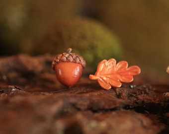 Mismatched Acorn Oak Leaf Earrings, Polymer Clay Woodland Autumn Jewelry