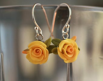 Yellow Rose Clay Earrings, rose dangle earrings, 925 Sterling Silver, pure titanium, Floral Jewelry