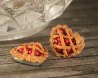Polymer Clay Cherry Pie Heart Earrings, 925 Sterling Silver, Pure Titanium, Miniature Dessert Jewelry