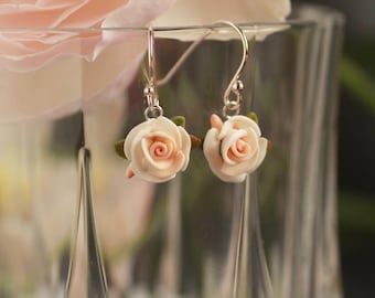White Rose Clay Earrings, wedding earrings, bridal jewelry, rose dangle earrings, 925 Sterling Silver, pure titanium, Floral Jewelry