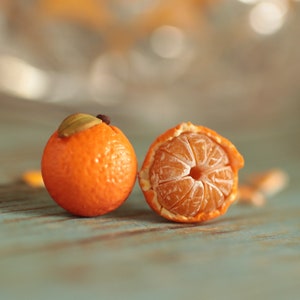 Mandarin orange clay earrings, 925 sterling silver, pure titanium, tangerine fruit, minimalist design, mismatched food jewelry.