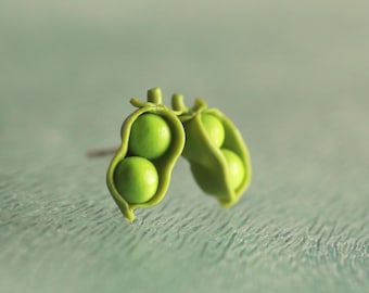 Two Peas in a Pod Clay Earrings, Sterling Silver, Hypoallergenic Miniature Food Jewelry