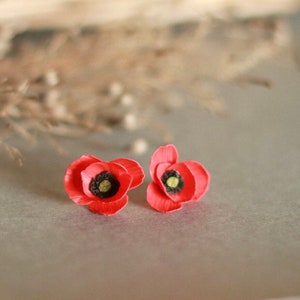 Clay Poppy Stud Earrings, 925 Sterling Silver, Floral Jewelry