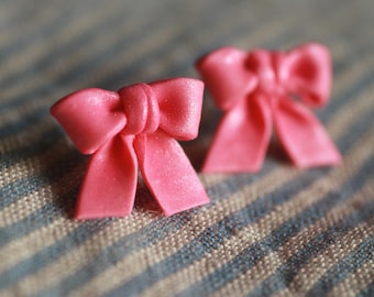 Shimmering Hot Pink Bow Earrings, Polymer Clay, Sterling Silver/Titanium Posts