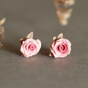 Pink rose clay earrings, rose earrings, studs, hypoallergenic, nickel free, simple, minimalist, unique, floral earrings, blush pink earrings