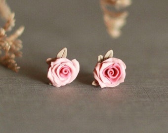 Handcrafted Pink Rose Clay Earrings, 925 Sterling Silver, pure titanium, Floral Jewelry