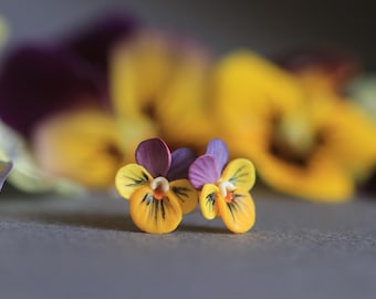 Pansy flower clay earrings, 925 sterling silver, pure titanium, hypoallergenic