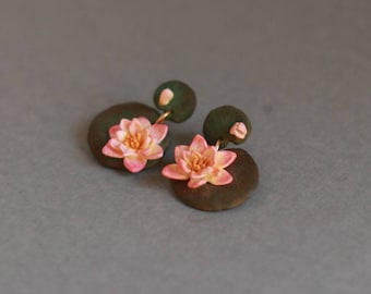 Handcrafted Water Lilly Clay Earrings, 925 Sterling Silver, Pure Titanium, Botanical Jewelry