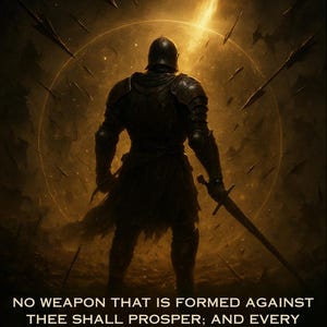 May include: An artistic depiction of a knight in dark armor, holding a sword, with a bright light emanating from behind. The image includes the text of Isaiah 54:17, framed in a dark border.