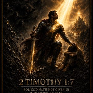 Puede incluir: Un caballero con armadura oscura arrodillado sostiene una espada brillante y pone una mano sobre una persona sentada en el suelo. Arriba, un rayo de luz ilumina un castillo lejano. El texto dice 2 TIMOTHY 1:7 FOR GOD HATH NOT GIVEN US THE SPIRIT OF FEAR.