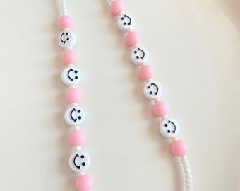 Dainty Pink and White Smileys Phone Strap