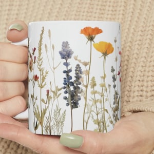 Pressed Flowers Mug, Boho Wildflowers Coffee Mug, Watercolor Floral Nature Mug, Flower Garden Lover Gift, Wildflowers Mug