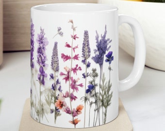 Pressed Flowers Mug, Boho Wildflowers Coffee Mug, Watercolor Floral Nature Mug, Flower Garden Lover Gift, Lavender Flowers Mug