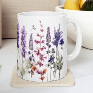Pressed Flowers Mug, Boho Wildflowers Coffee Mug, Watercolor Floral Nature Mug, Flower Garden Lover Gift, Lavender Flowers Mug