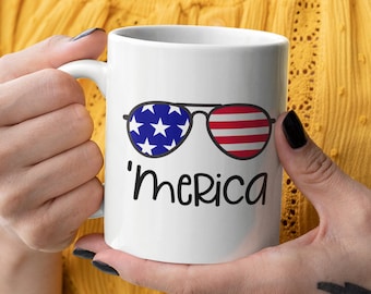 Merica Tasse, Süße Amerikanische Flagge Sonnenbrille Geschenk am 4. Juli, Lustige Vereinigte Staaten Kaffeetasse für Amerikas Unabhängigkeitstag