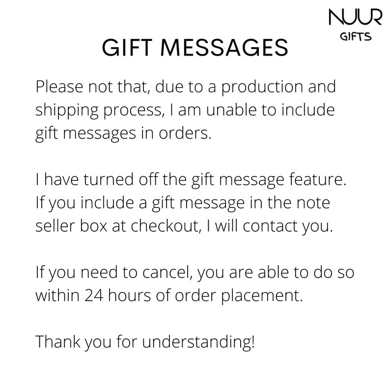 May include: White background with the text "GIFT MESSAGES" and the Nuur Gifts logo. The text explains that gift messages cannot be included in orders due to production and shipping processes. It also states that the gift message feature is turned off.