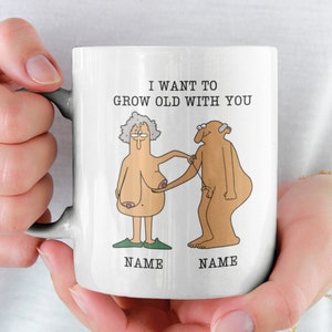 I Want To Grow Old With You, Old Couple Mug, Gift For Wife Husband, Parents Anniversary Gift, Personalized Names Mug, Grandparents Mug