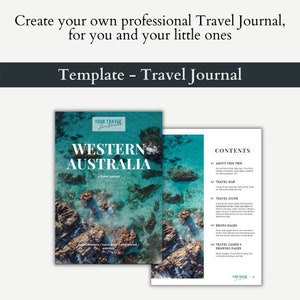 May include: A travel journal template with a cover image of turquoise water and rocky shores. The cover text reads "Western Australia, a travel journal". The contents page lists sections for "About This Trip", "Travel Map", "Travel Guide", "Photo Pages", "Travel Games & Drawing Pages".