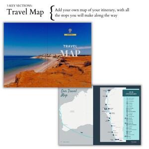 May include: A travel journal with a map of Australia and a list of stops along the way. The journal has a blue cover with the words "Our Travel Map" in white text. The map shows a route along the coast of Australia with a blue line and numbered stops.