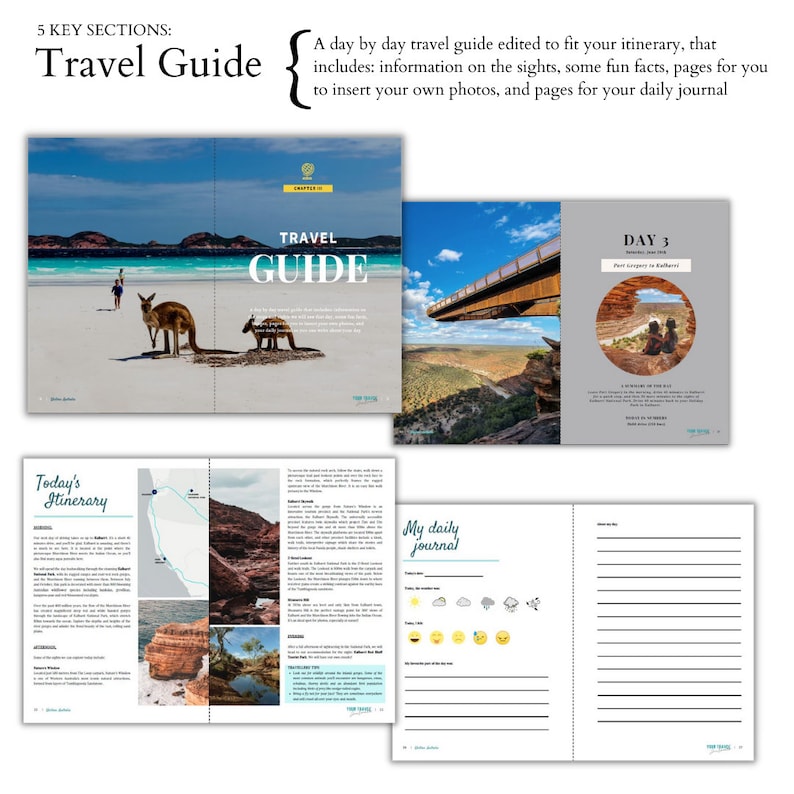 May include: A travel guide booklet with a blue and white cover featuring the text "Travel Guide". The guide includes a daily itinerary, a journal section, and a page with a photo of a bridge over a canyon.
