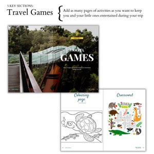May include: A book cover with the title "Travel Games" and a photo of a wooden walkway in a forest. The book includes a coloring page of a turtle and a crossword puzzle with the words "Australia Animals".