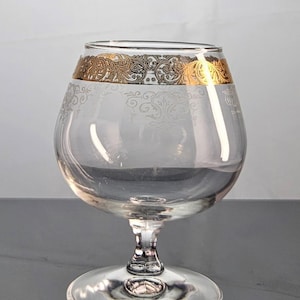 Cellini 24kt Gold Band Floral Etched Cognac Brandy Glass - Gold - Glassware -Etched Glass - Collectible Glass - Vintage Barware