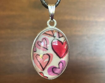 Hand painted watercolor pendant necklace - Red Pink Purple Hearts of Love