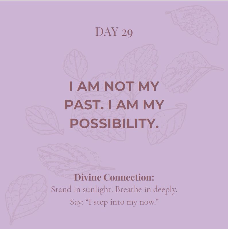May include: A light purple square graphic featuring the text DAY 29, I AM NOT MY PAST. I AM MY POSSIBILITY. and Divine Connection: Stand in sunlight. Breathe in deeply. Say: I step into my now. The design includes faint line drawings of leaves.
