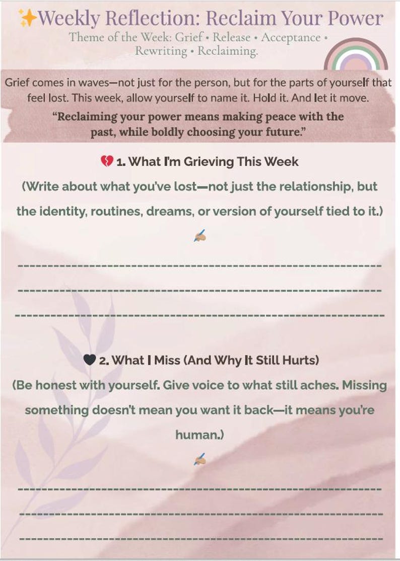 May include: A light pink reflection journal page titled Weekly Reflection: Reclaim Your Power. It includes sections for grief, release, and acceptance with prompts like What I'm Grieving This Week and What I Miss, featuring dashed lines for writing.