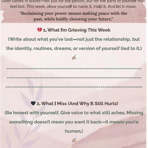 May include: A light pink reflection journal page titled Weekly Reflection: Reclaim Your Power. It includes sections for grief, release, and acceptance with prompts like What I'm Grieving This Week and What I Miss, featuring dashed lines for writing.