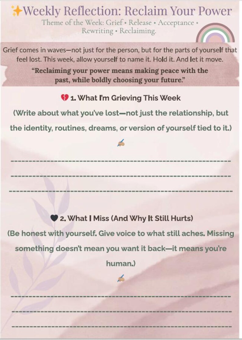 May include: A light pink reflection journal page titled Weekly Reflection: Reclaim Your Power. It includes sections for grief, release, and acceptance with prompts like What I'm Grieving This Week and What I Miss, featuring dashed lines for writing.