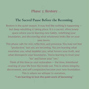 May include: A sage green graphic print featuring dark text titled Phase 3: Restore, The Sacred Pause Before the Becoming. The text describes a period of quiet reflection, rebuilding, and self-discovery, ending with the quote, I am learning to love the quiet work of becoming.
