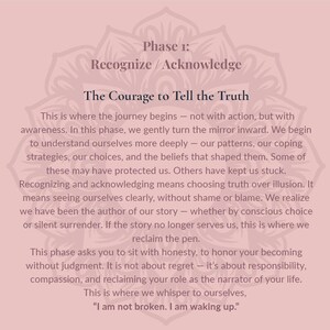 May include: A pale pink graphic print featuring a mandala background and dark text that reads: Phase 1: Recognize / Acknowledge. The Courage to Tell the Truth. This is where the journey begins&mdash;not with action, but with awareness. I am not broken.