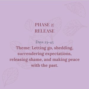 May include: A light purple graphic with dark purple text that reads: PHASE 2: RELEASE. Days 23-45. Theme: Letting go, shedding, surrendering expectations, releasing shame, and making peace with the past. The background features faint line drawings of leaves.