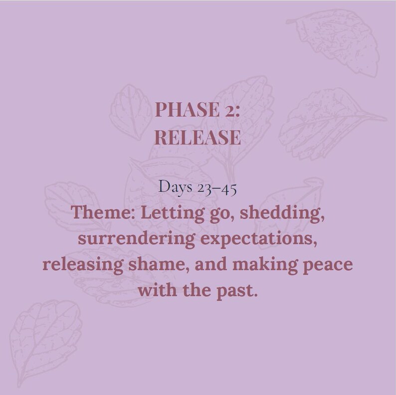 May include: A light purple graphic with dark purple text that reads: PHASE 2: RELEASE. Days 23-45. Theme: Letting go, shedding, surrendering expectations, releasing shame, and making peace with the past. The background features faint line drawings of leaves.