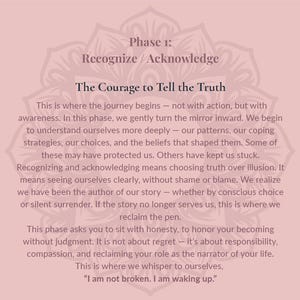 May include: A pale pink graphic print featuring a mandala background and dark text that reads: Phase 1: Recognize / Acknowledge. The Courage to Tell the Truth. This is where the journey begins&mdash;not with action, but with awareness. I am not broken.