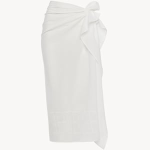May include: White sarong with a knotted tie and the word "PEP" embroidered on the bottom.