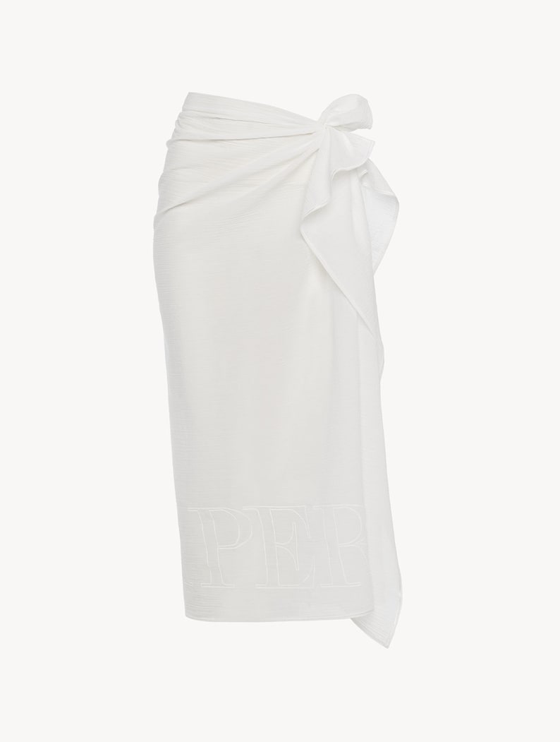 May include: White sarong with a knotted tie and the word "PEP" embroidered on the bottom.