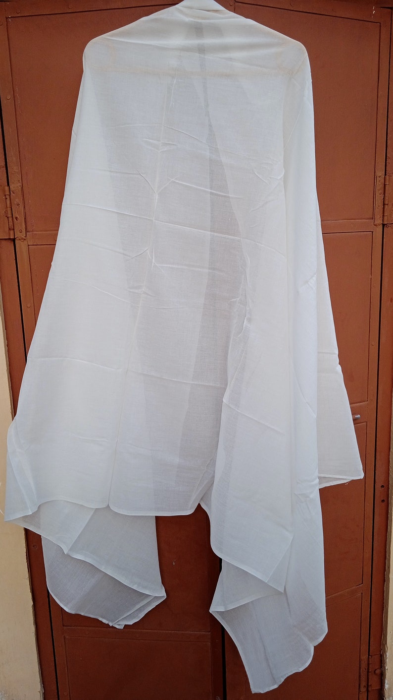May include: A white sheer scarf hanging on a hanger against a brown wooden door.