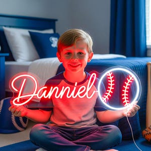 Placa de neon com nome de beisebol para quarto, Placa de neon com nome personalizado, Placa de luz com nome infantil, Decoração de berçário, Presente de beisebol para aniversário