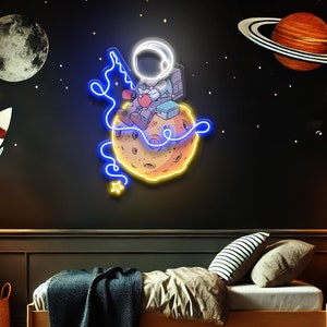 Letrero de neón con ilustraciones de astronautas personalizadas, logotipo de letrero de neón personalizado, regalo personalizado con letrero de neón de astronauta, letrero de neón para dormitorio