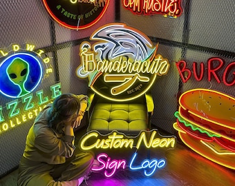 May include: A collection of custom neon signs with various designs, including a food truck, a bear wearing a hat, a barber pole, a burger, and an alien. The signs are illuminated in various colors, including red, yellow, green, blue, and pink. The text "Custom Neon Sign Logo" is displayed in a neon font.
