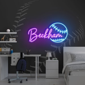 Placa de nome de neon de beisebol, decoração de berçário, placa de neon personalizada, placa de neon com nome personalizado, placa de nome de neon, placa de nome infantil, presente de beisebol