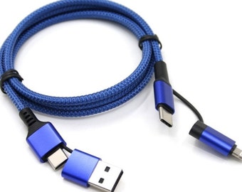 4 in 1 Charger Cable, Data transmission, USB, Type C x 2, IOS, Blue 1m cable.